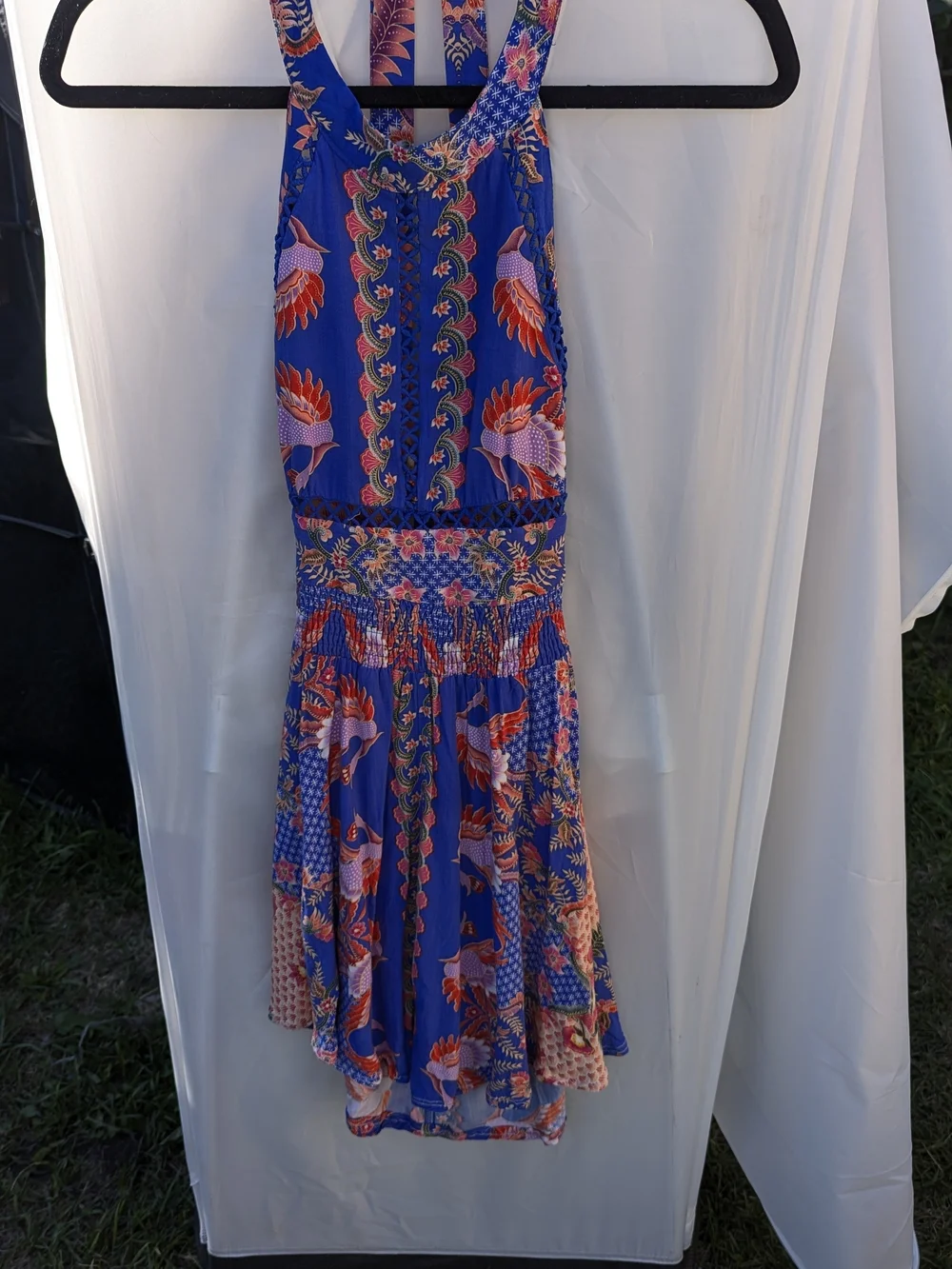 Boho Tropical Halter Mini Dress Smocked Festival Summer XS Dopamine Drip - Picture 9 of 13